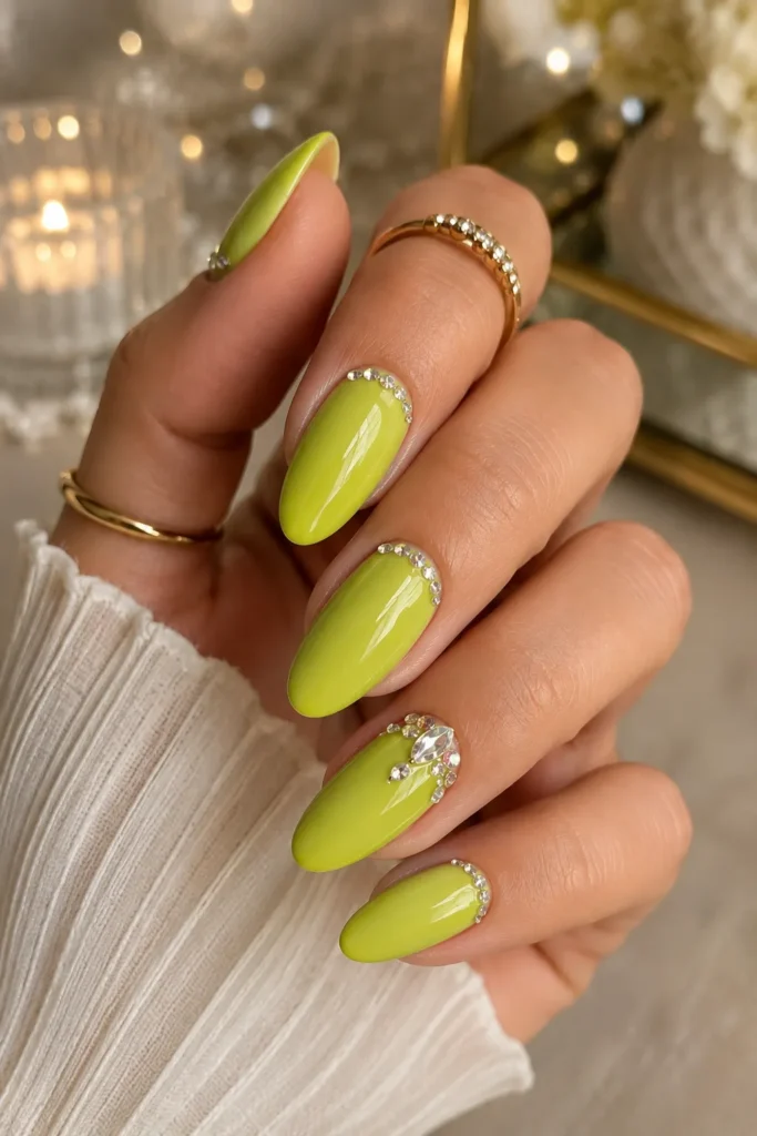 Chartreuse Rhinestone Accent Nails