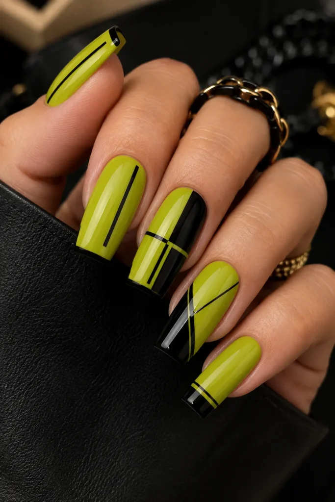 Chartreuse and Black Contrast Nails