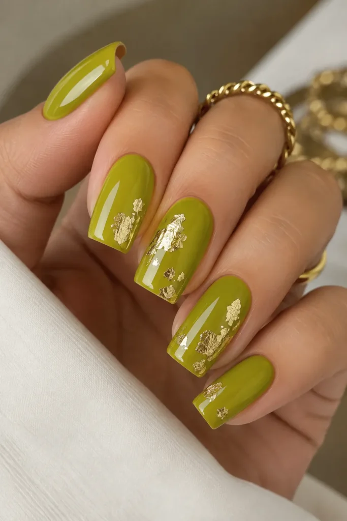 Chartreuse and Gold Foil Nails