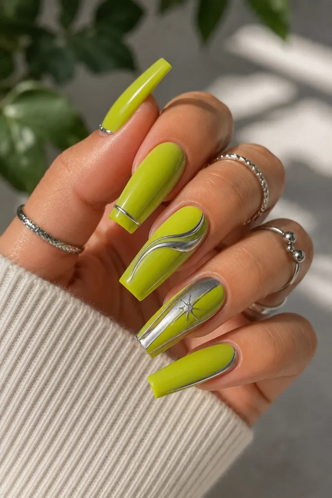 Chartreuse and Silver Metallic Nails