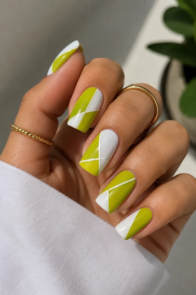 Chartreuse and White Color Block Nails