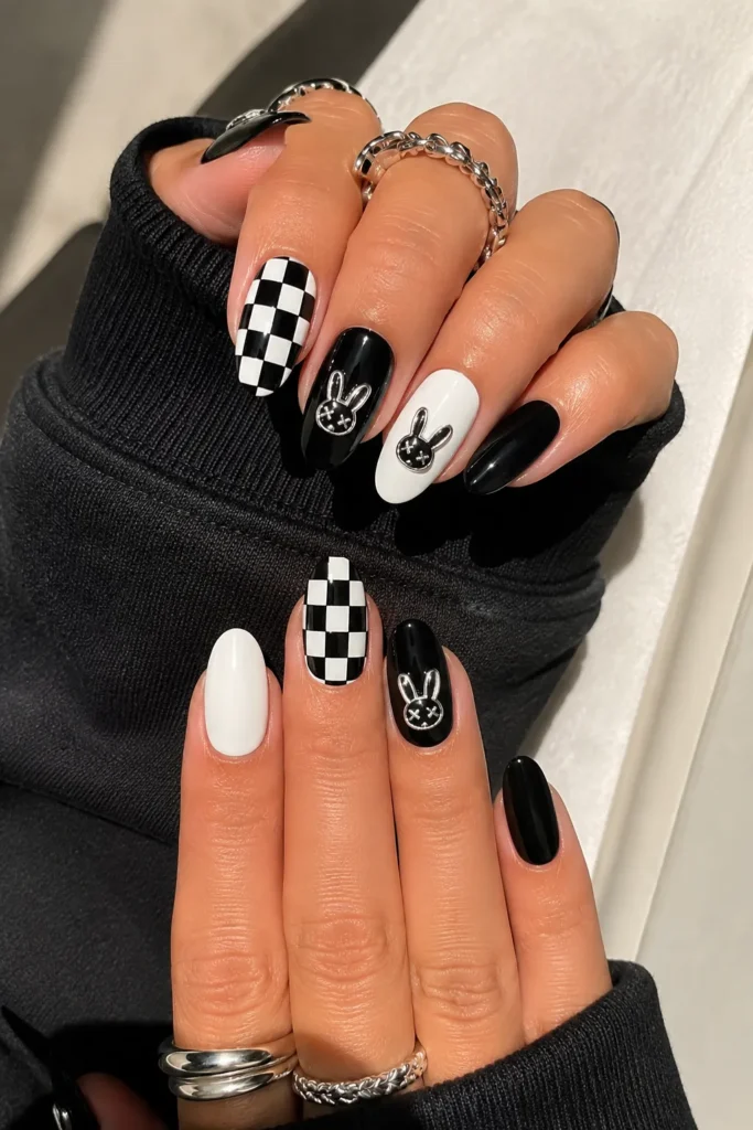 Checkerboard Bad Bunny Nails