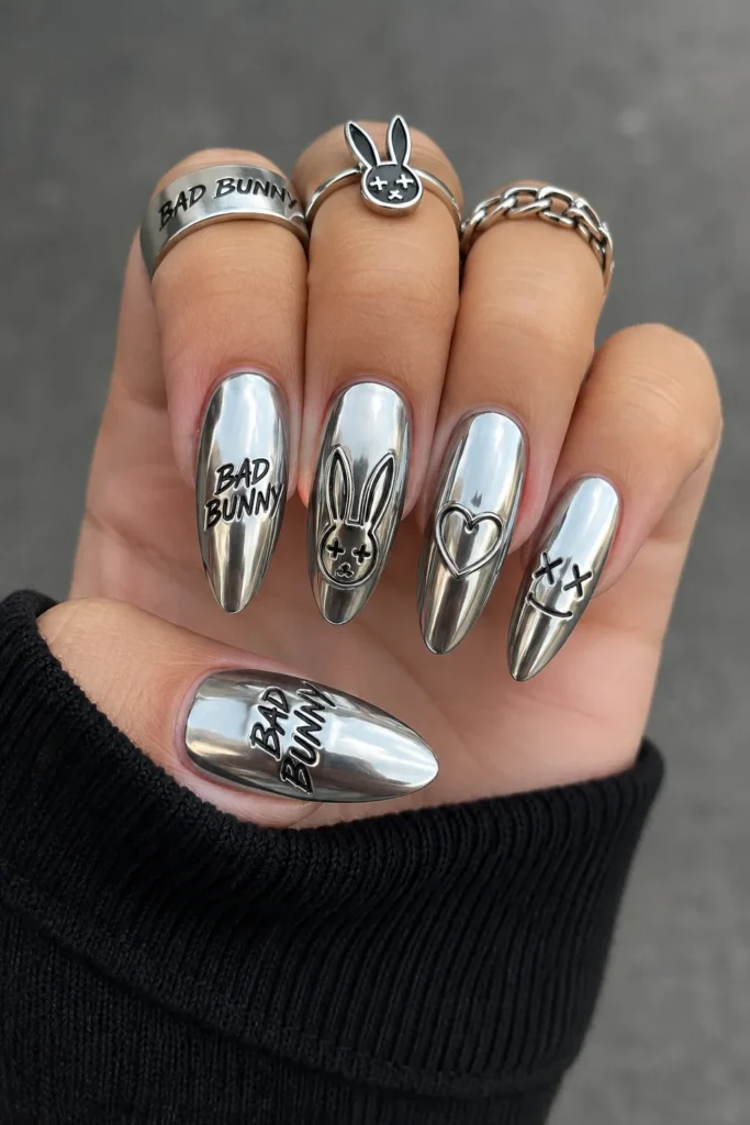 Chrome Bad Bunny Nails with Mirror Finish