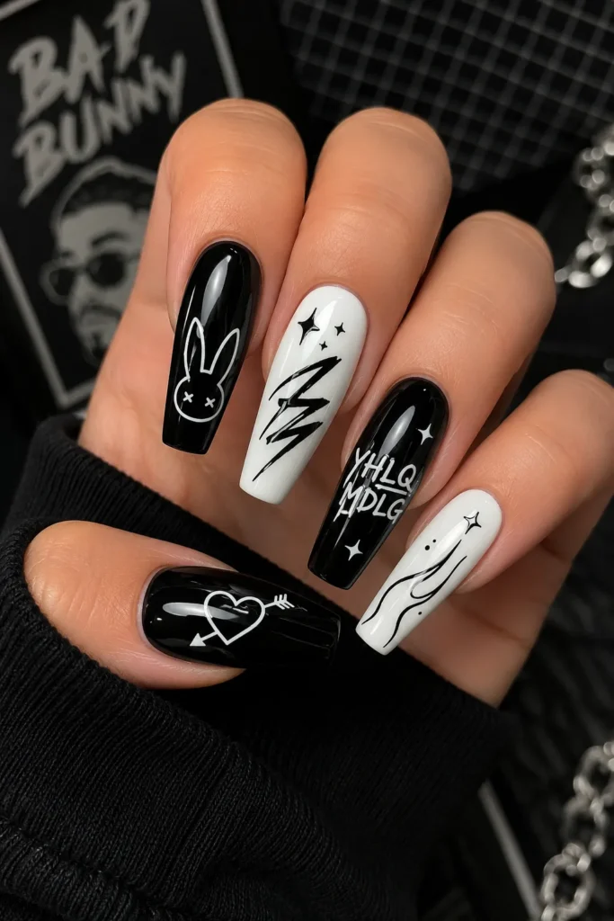 Classic Bad Bunny Nails with Black and White Contrast