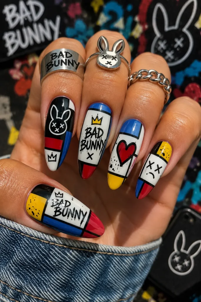 Color Block Bad Bunny Nails
