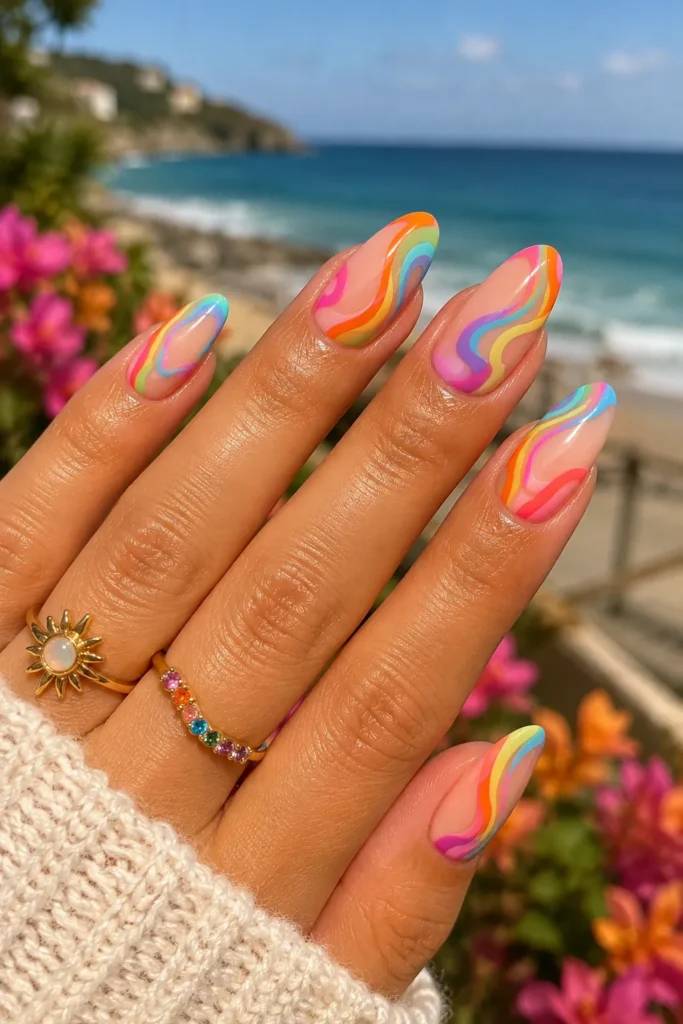 Colorful Rainbow Swirl Nails