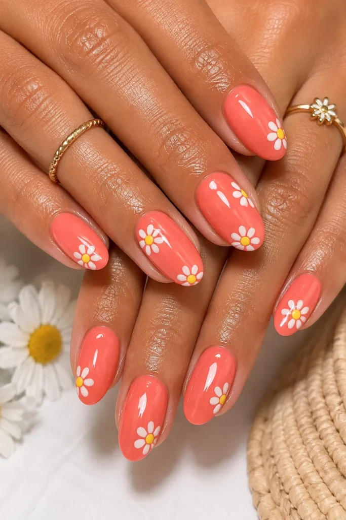 Coral Daisy Nails