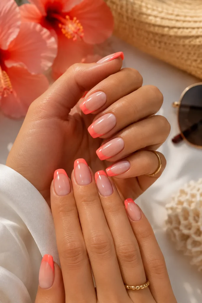 Coral French Tip Nails