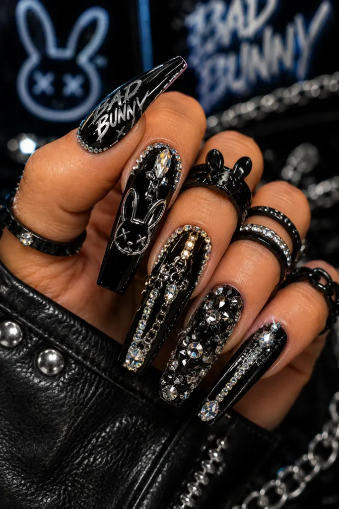 Crystal Accent Bad Bunny Nails