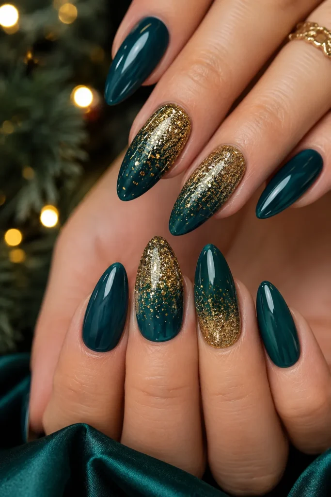 Deep Teal and Gold Glitter Nails