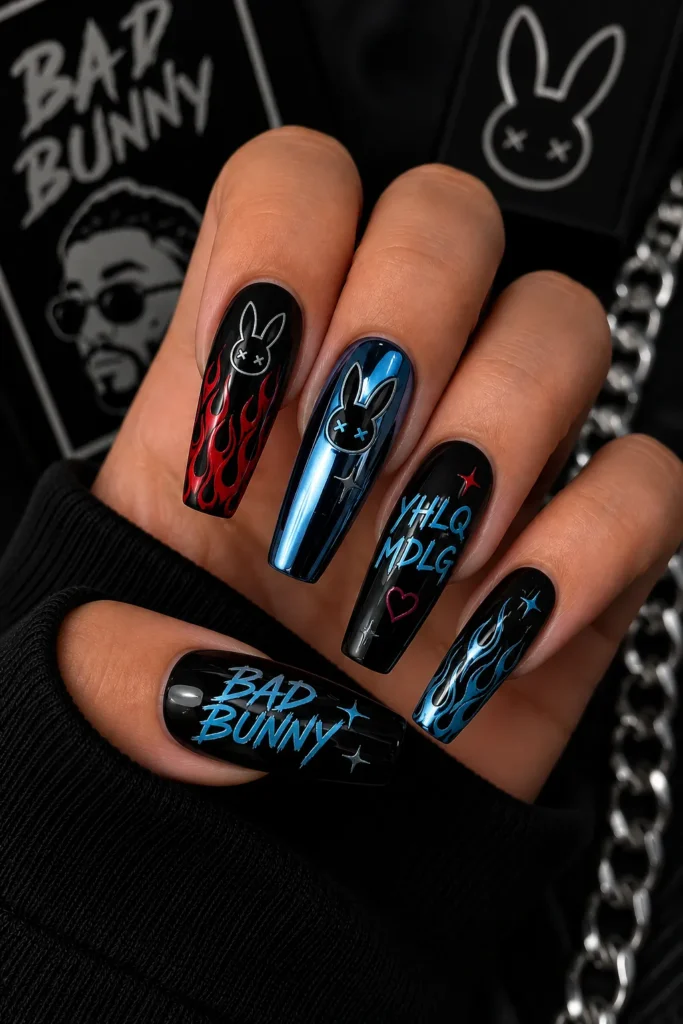 Fire and Ice Bad Bunny Nails