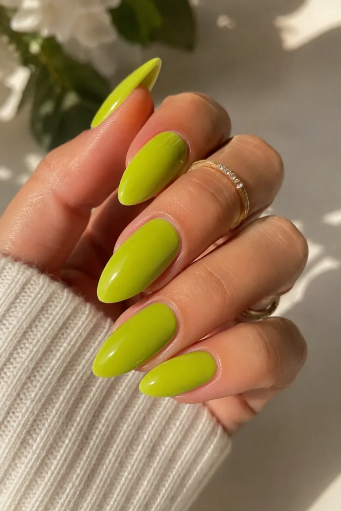 Glossy Chartreuse Almond Nails