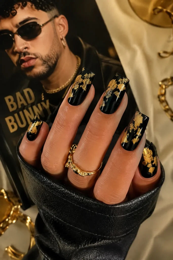 Gold Foil Bad Bunny Nails
