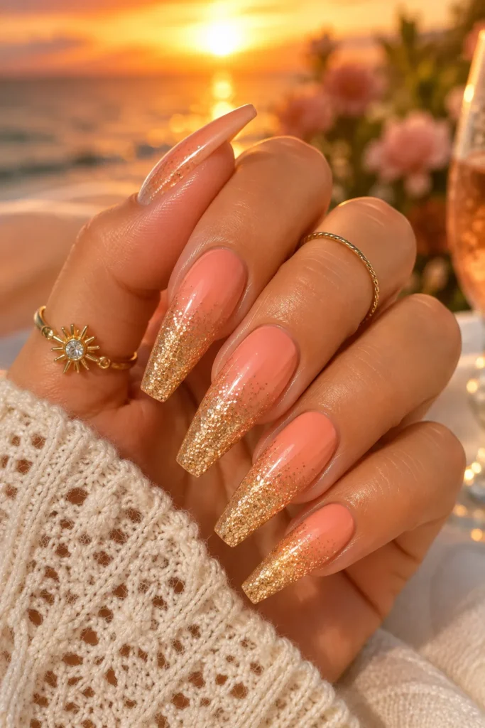 Golden Sunset Glitter August Nails