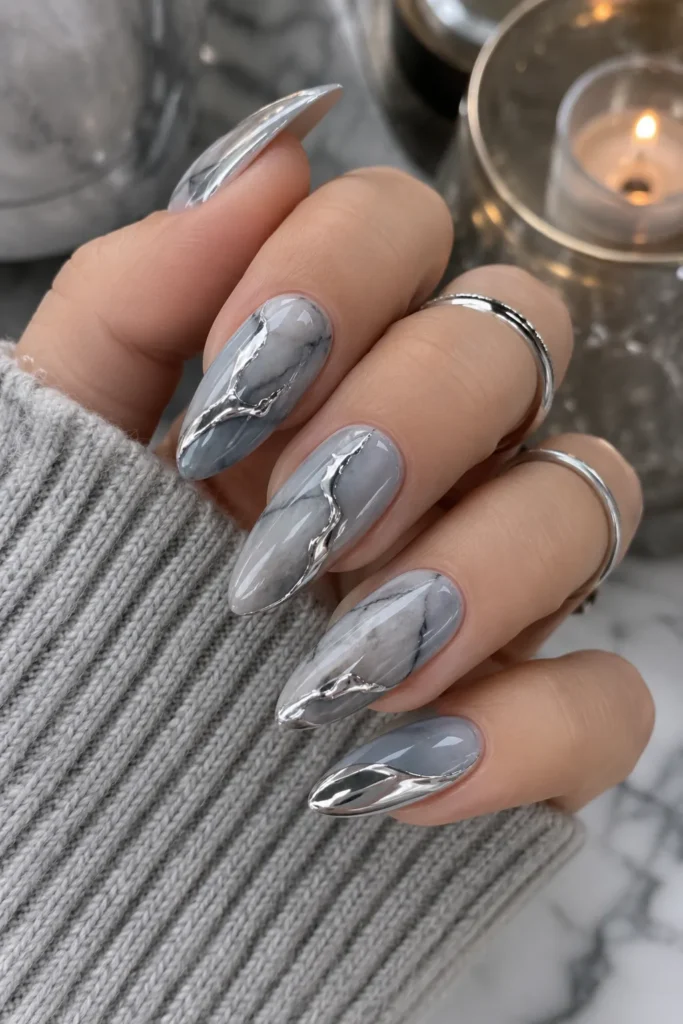 Gray Marble Chrome Nails