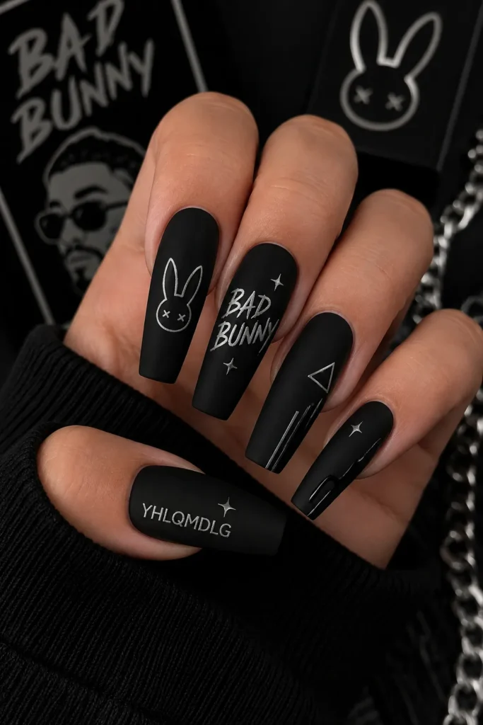 Matte Black Bad Bunny Nails