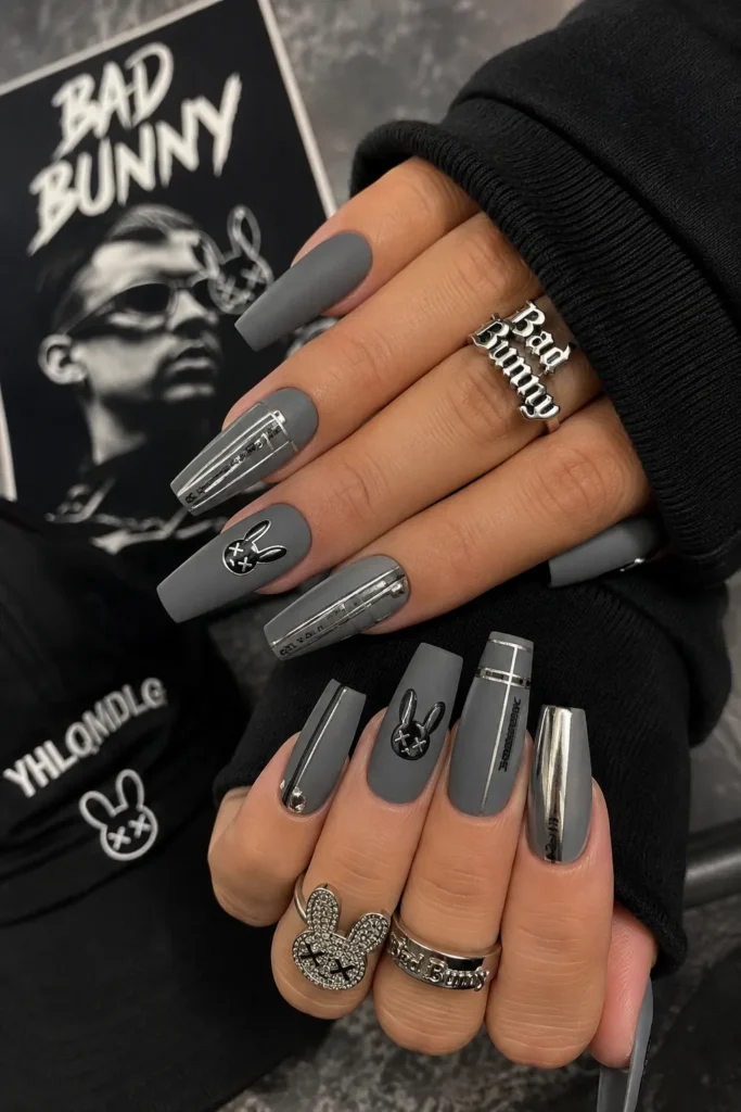 Matte Gray and Silver Bad Bunny Nails