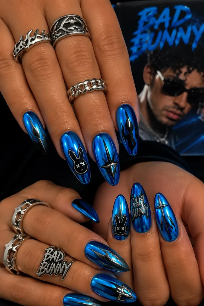 Metallic Blue Bad Bunny Nails