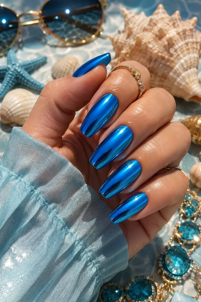 Neon Blue Chrome Nails