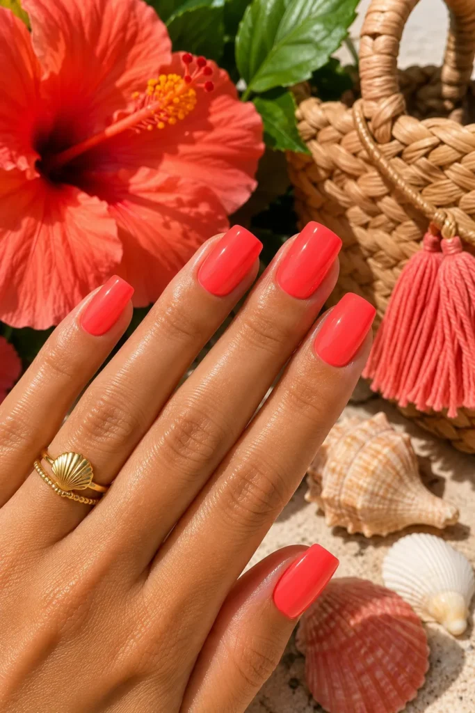 Neon Coral Square Nails