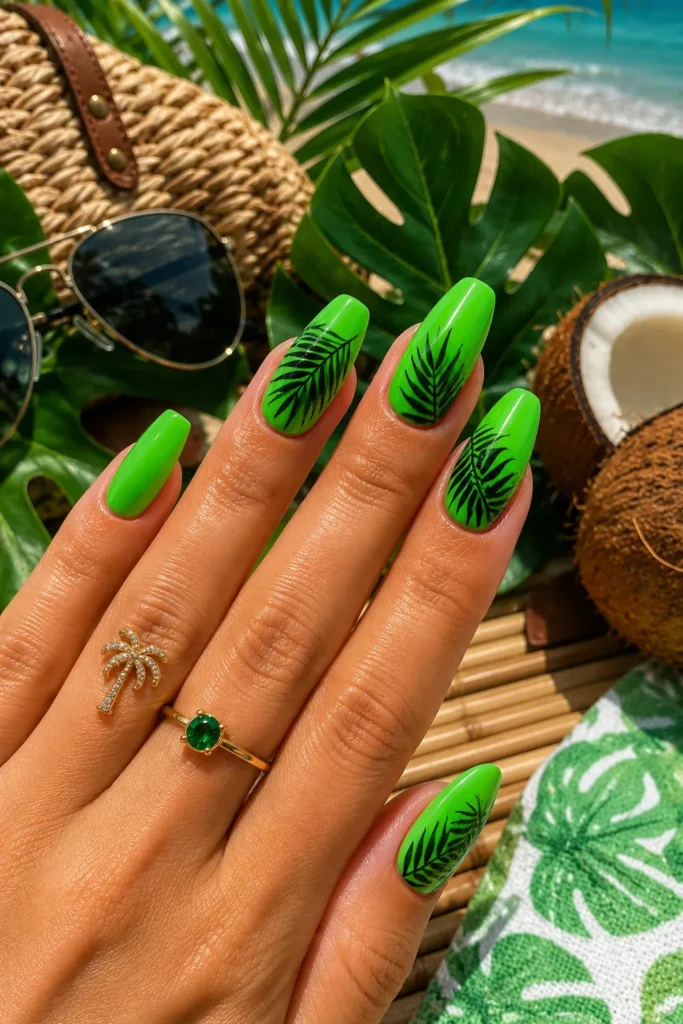 Neon Green Palm Leaf Nails