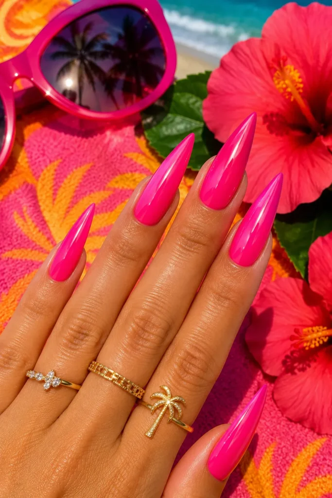 Neon Hot Pink Stiletto Nails