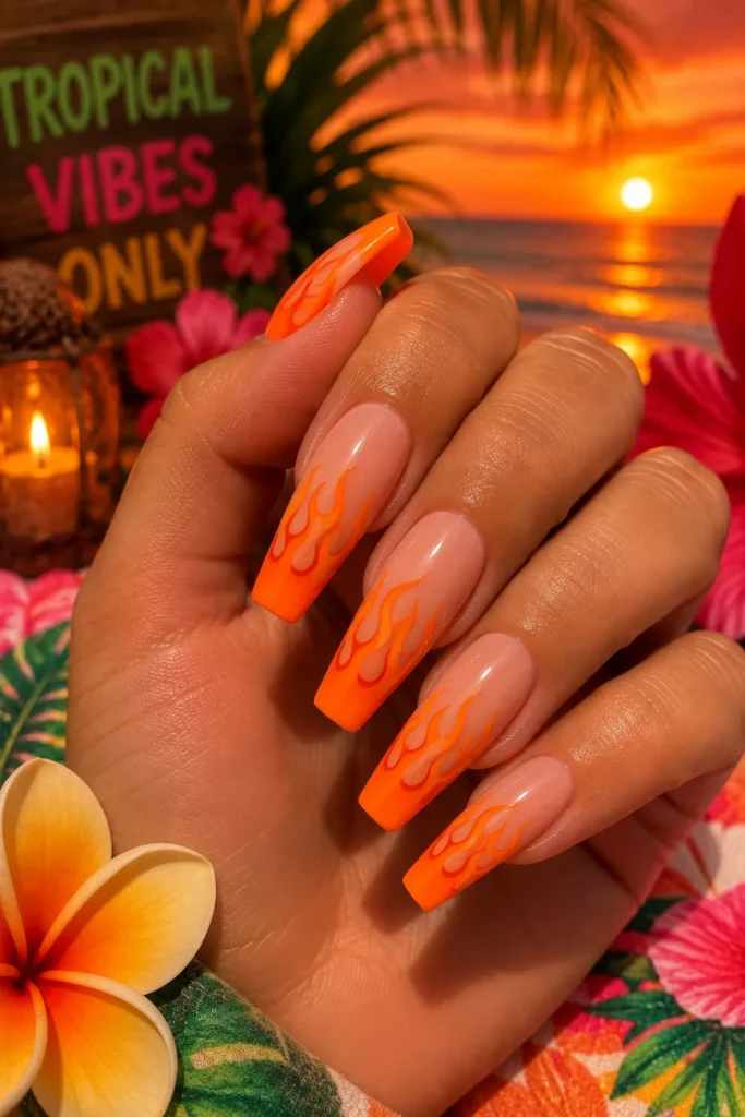 Neon Orange Flame Nails