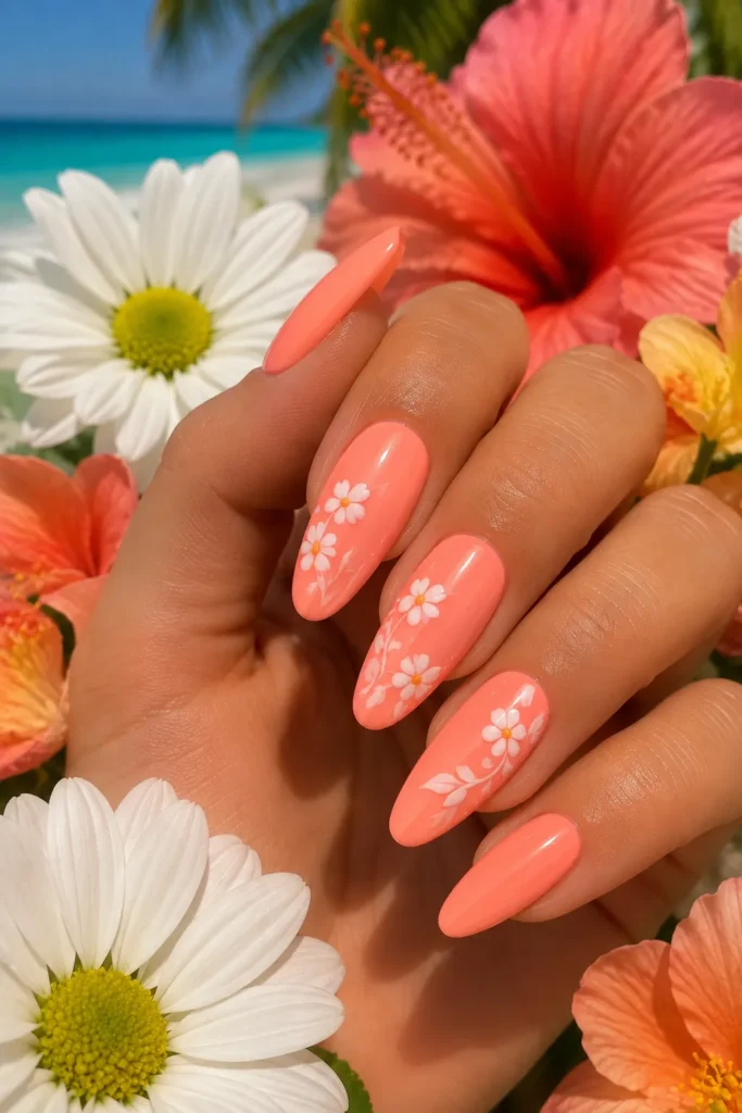 Neon Peach Floral Nails