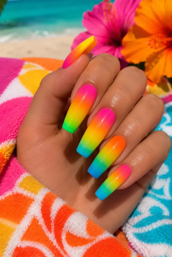 Neon Rainbow Ombre Nails