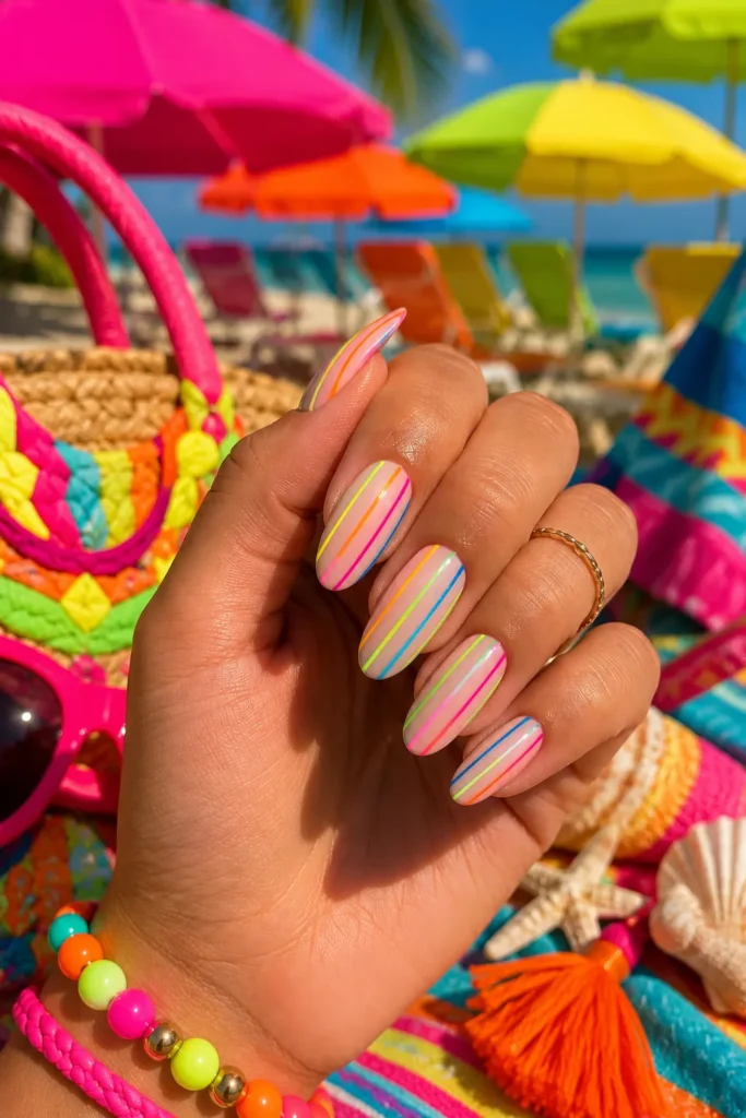 Neon Rainbow Stripe Nails