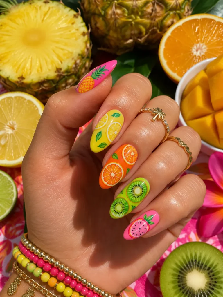 Neon Tropical Fruit Nails