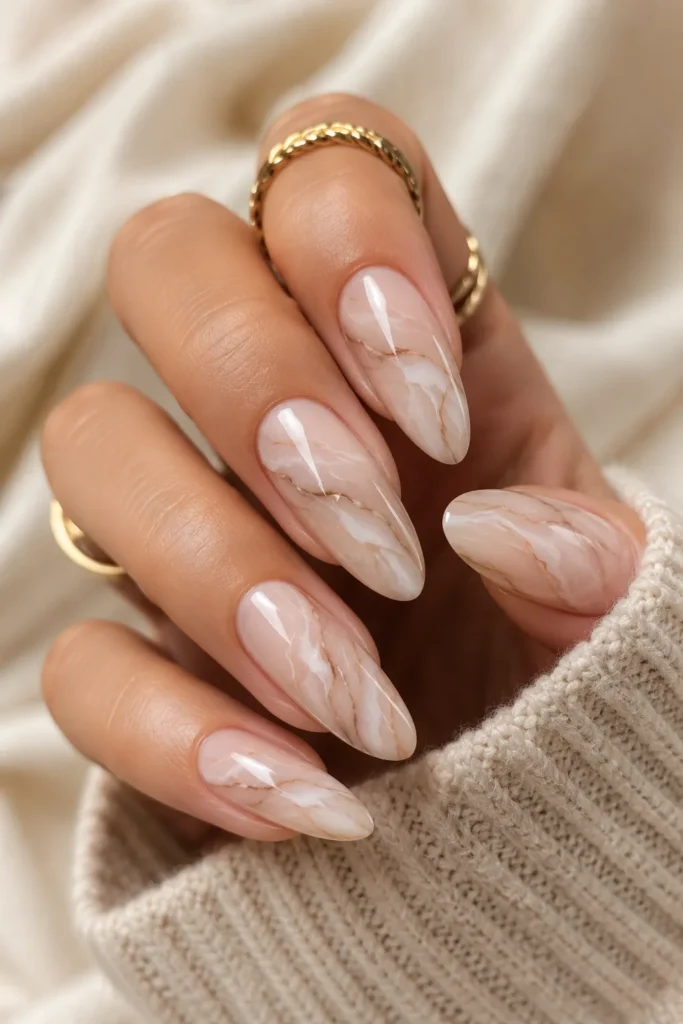 Nude Marble Almond Nails