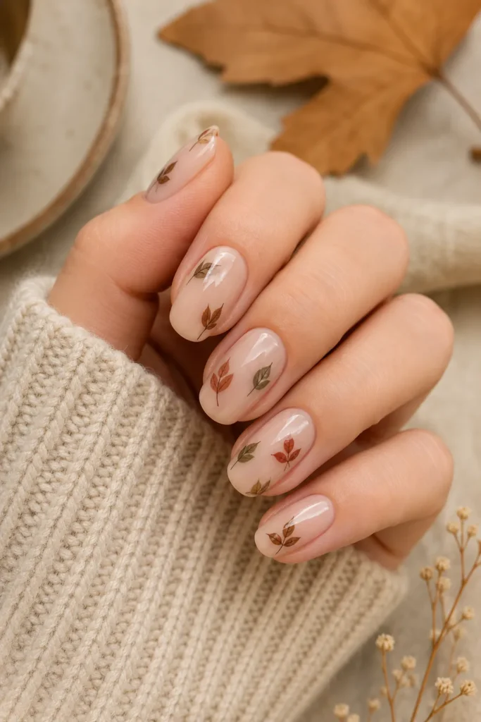 Nude Nails With Tiny Leaves