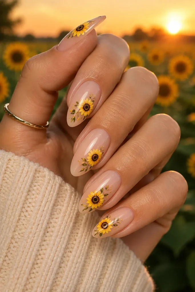 Nude Nails with Tiny Sunflowers