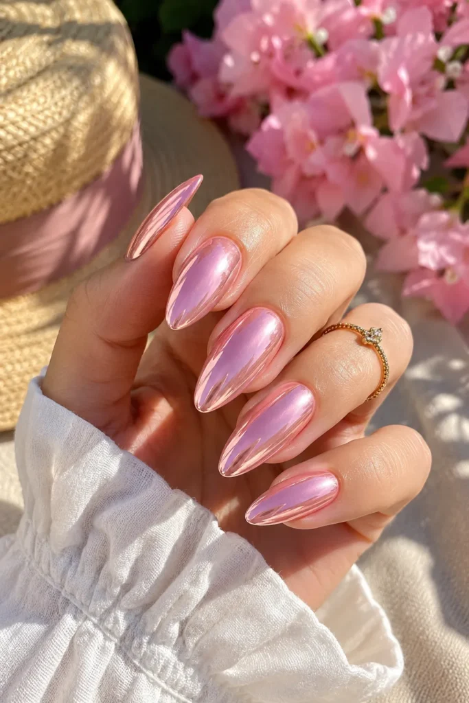 Pink Chrome Almond Nails