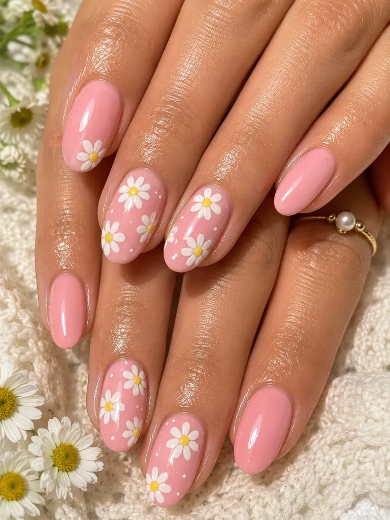 Pink Daisy Nails
