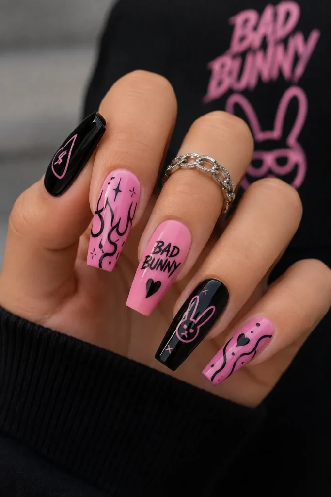 Pink and Black Bad Bunny Nails
