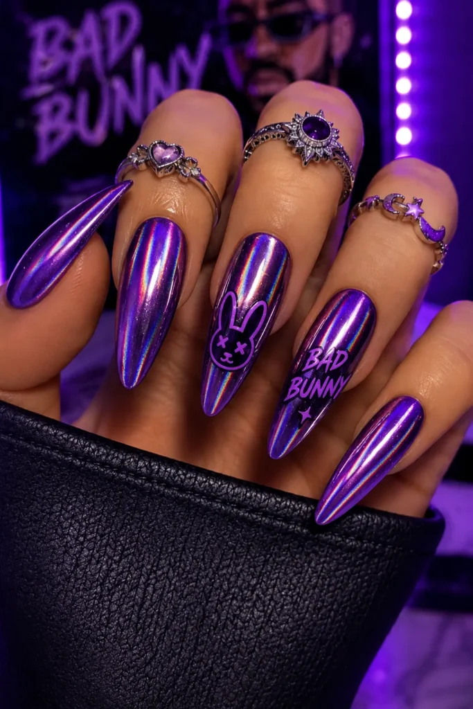 Purple Chrome Bad Bunny Nails