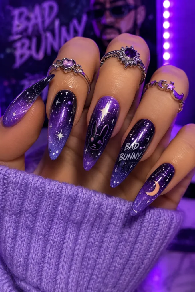 Purple Galaxy Bad Bunny Nails