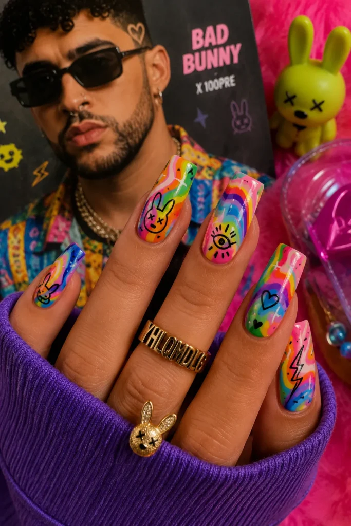 Rainbow Abstract Bad Bunny Nails