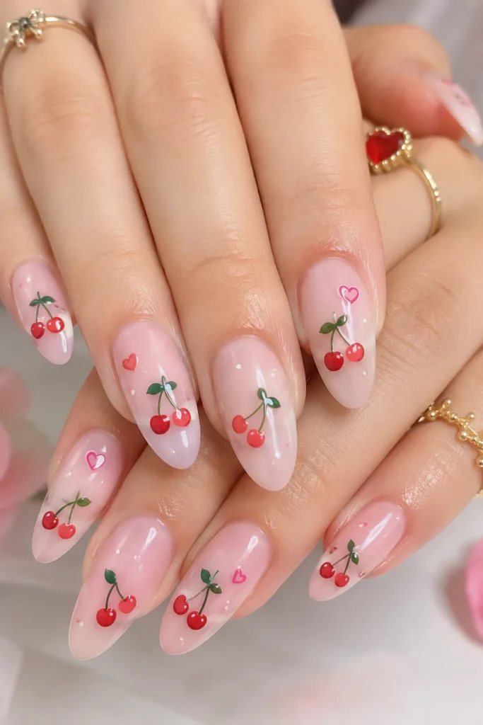 Red Cherry Heart Nails