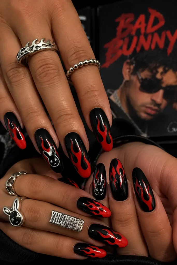 Red Flame Bad Bunny Nails