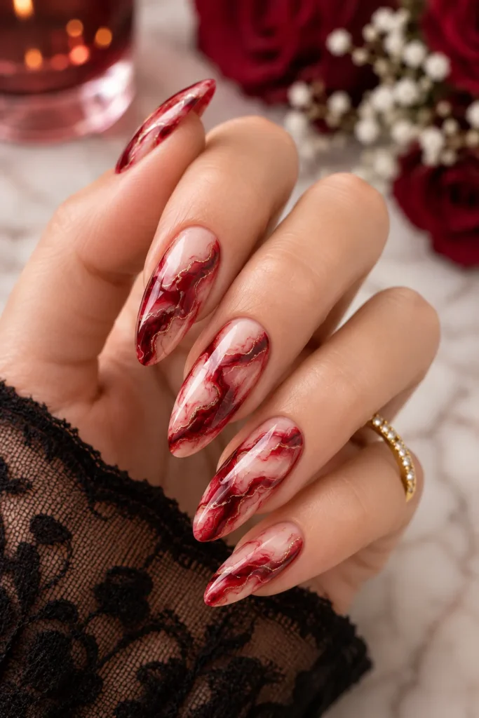 Red Marble Statement Nails