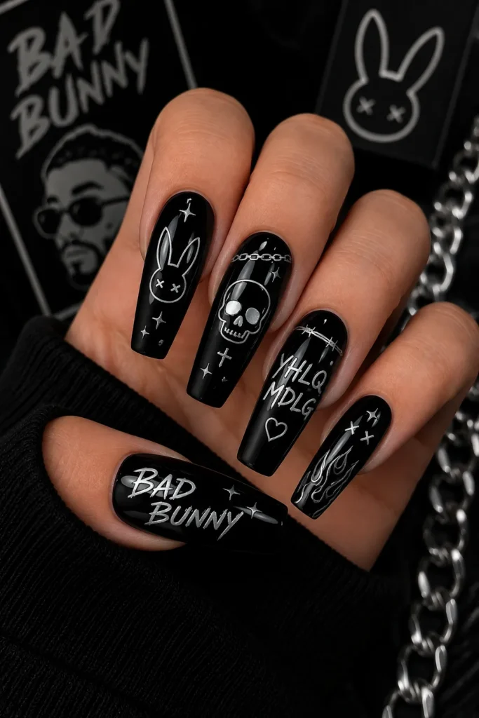 Skull Accent Bad Bunny Nails