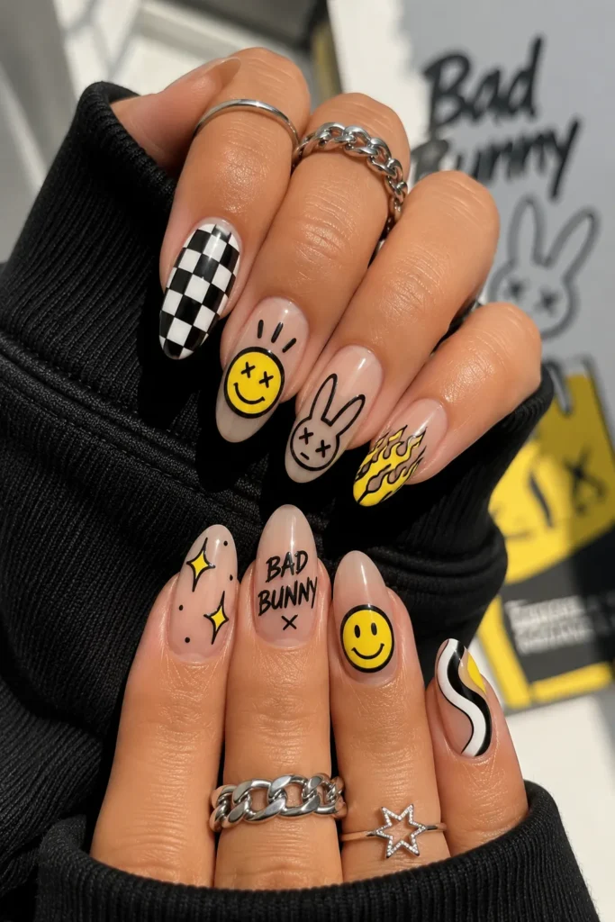 Smiley Face Bad Bunny Nails