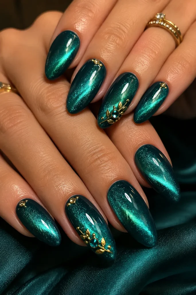 Teal Cat-Eye Nails With Gold Details