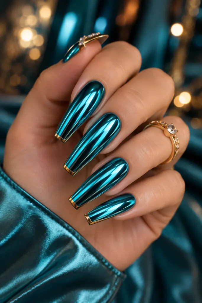 Teal Chrome Nails With Gold Tips