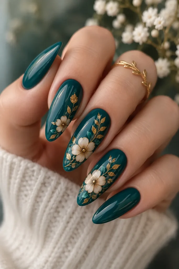 Teal Floral Nails With Gold Details