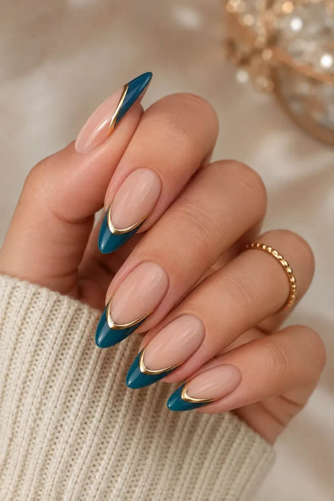 Teal French Tips With Gold Outline