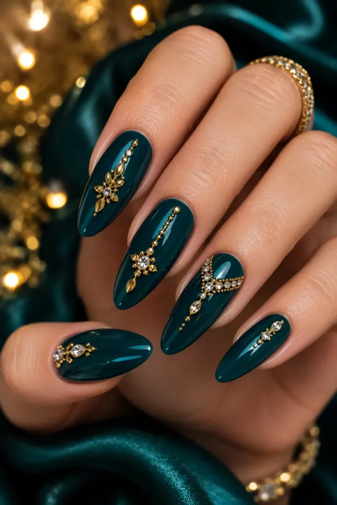 Teal Jewel Nails With Gold Gems